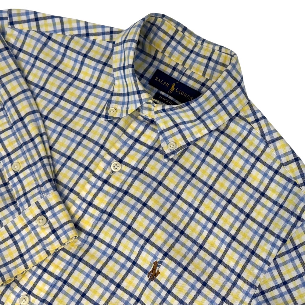 Ralph Lauren Mens Size SMALL Classic Fit Button Down Shirt Plaid‎ Yellow Blue